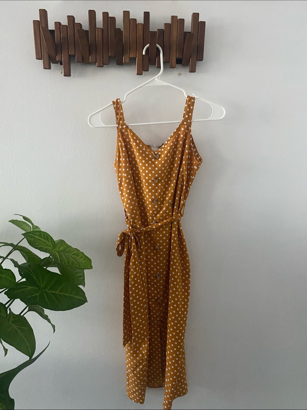 Polka Dot Mock Button-Front Midi Dress - Mustard by SHEIN, Size M